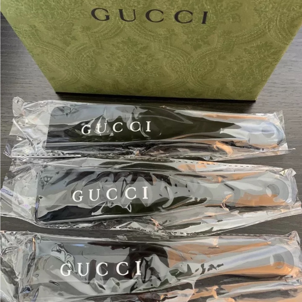 3 NEW 100% AUTHENTIC GUCCI SHOEHORNS BROWN WHITE LETTERS HARD PLASTIC 7 INCHES
